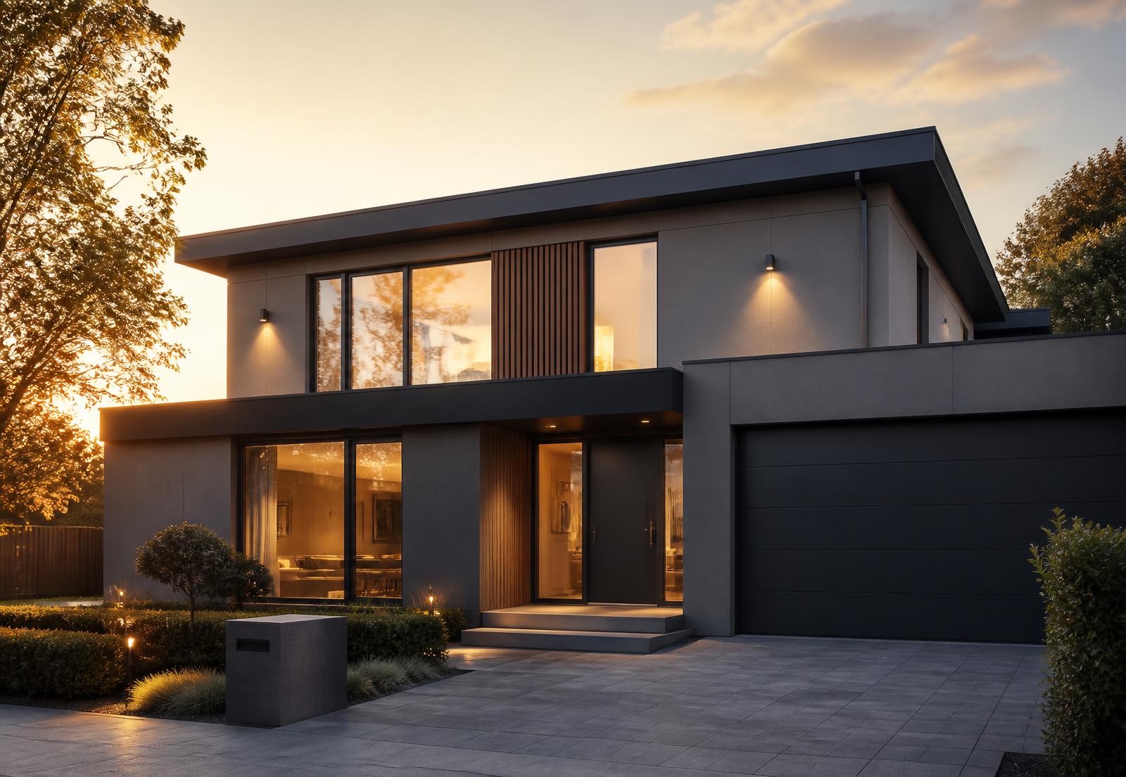 Modernes Wohnhaus im Abendlicht
